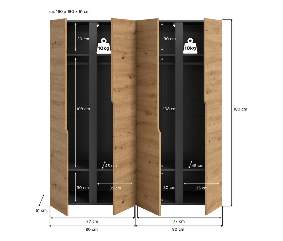 xonox Kleiderschrank Saga, 4-türig, in Anthrazit-Eichenoptik, mit offenen Türen, zeigt innen zwei Abteile mit je einer Kleiderstange und zwei Böden. Maße: 160x180x51 cm, Kleiderstangen bis 10 kg belastbar.