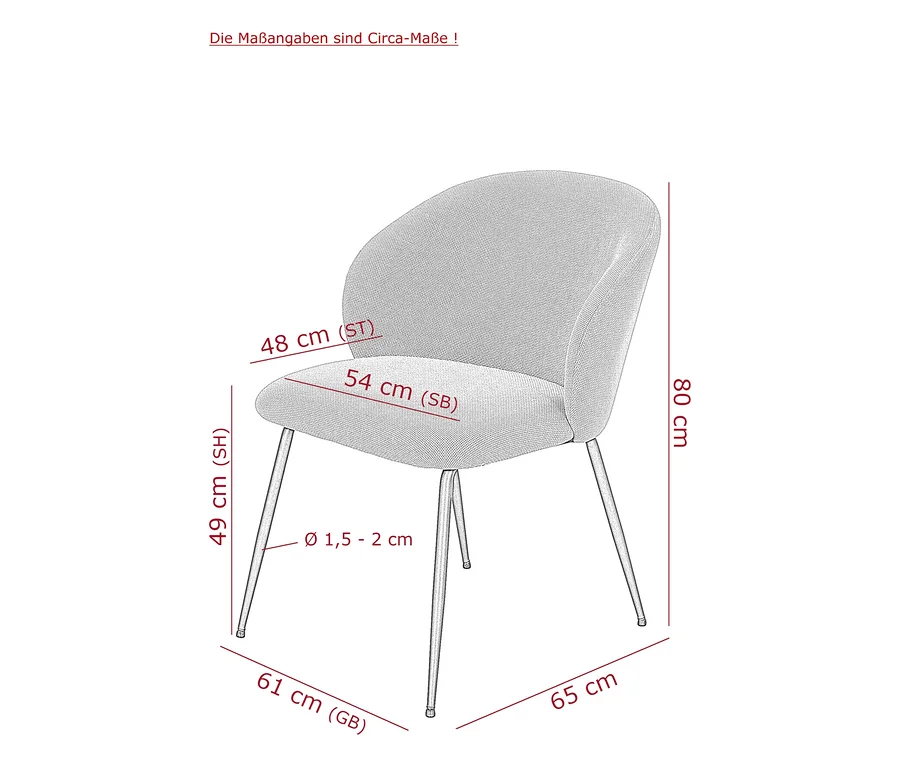 Technische Zeichnung eines Hela Stuhls Graz mit abgerundeter Rückenlehne und Sitzfläche auf vier schlanken Beinen. Die Maße sind angegeben: 80 cm Gesamthöhe, 49 cm Sitzhöhe, 48 cm Sitztiefe, 54 cm Sitzbreite, 61 cm Gesamtbreite, 65 cm Gesamttiefe und 1,5-2 cm Beindurchmesser. Die Maßangaben sind Circa-Maße.