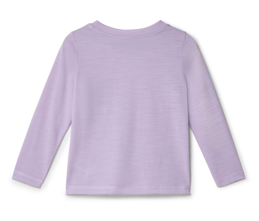 Lila Langarmshirt, Rückansicht, mit Rundhalsausschnitt und geradem Saum.