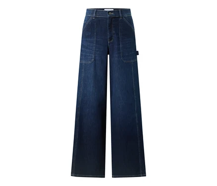 Dunkelblaue, hochgeschnittene Wide-Leg-Jeans aus Denim mit großen aufgesetzten Vordertaschen und einer Werkzeugschlaufe an der rechten Seite.