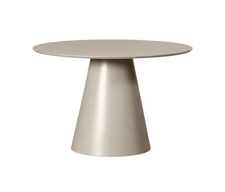 Runder Tisch mit konischem Fuß in hellem Beige.