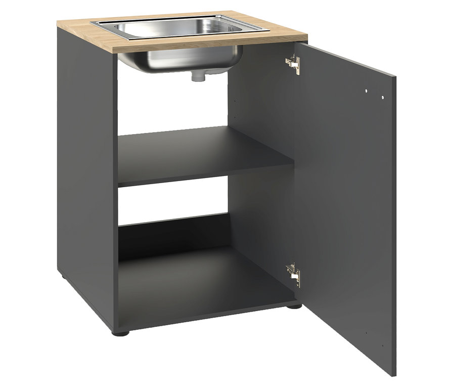 Dunkelgrauer Spülunterschrank mit heller Holzoptik-Arbeitsplatte und Edelstahlspüle. Die rechte Tür ist offen und zeigt ein Innenregal.