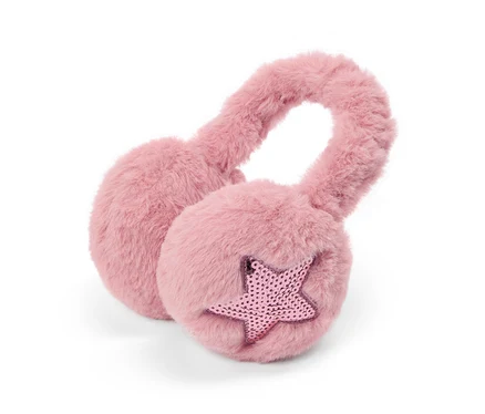 Rosa flauschige Ohrenschützer mit einem Paillettenstern auf einer Ohrmuschel.