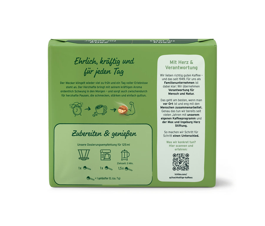 Grüne Verpackung von Der Herzhafte - 500 g Gemahlen und Der Herzhafte - 9 x 500 g Gemahlen mit Zubereitungshinweisen.