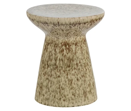 Keramik-Hocker mit runder Platte, schmaler Mitte und breiter Basis, in gesprenkelter Beige-Braun-Glasur.