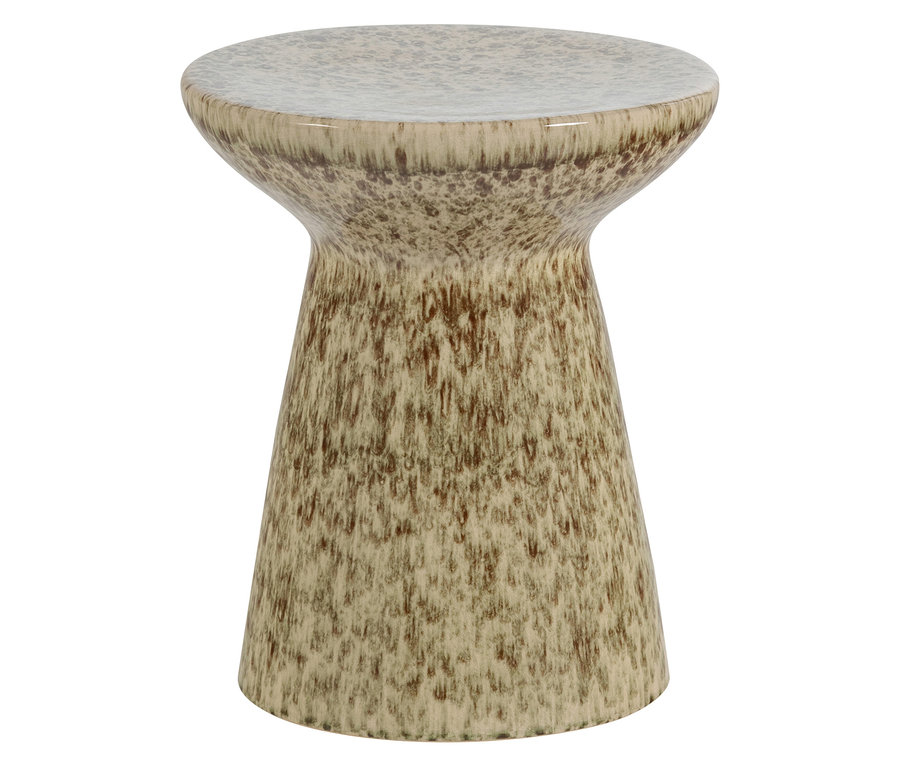 Keramik-Hocker mit runder Platte, schmaler Mitte und breiter Basis, in gesprenkelter Beige-Braun-Glasur.