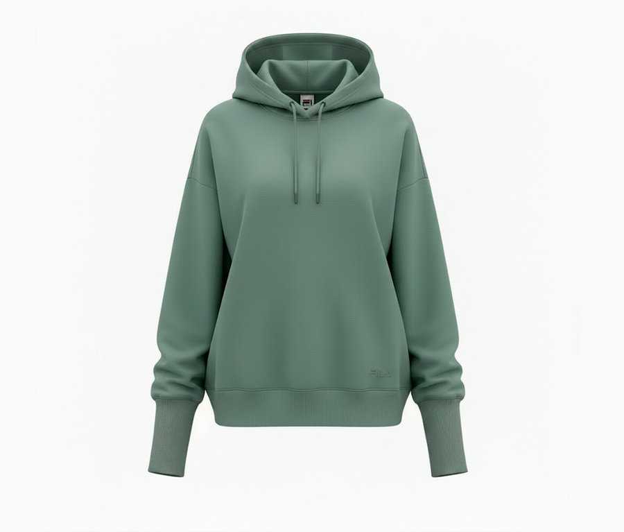Salbeigrüner FILA Damen-Hoodie aus Modalmix mit Kapuze, Kordelzug, gerippten Bündchen und Saum.