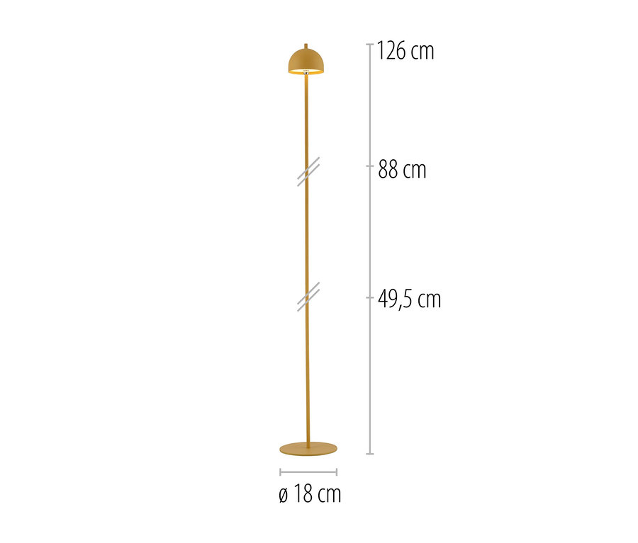 Goldene Stehleuchte mit rundem Fuß, dünnem Stiel und kuppelförmigem Schirm. Die Gesamthöhe beträgt 126 cm, der Fußdurchmesser 18 cm.