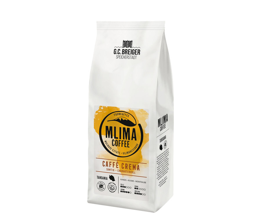 Eine Packung G. C. Breiger - MLIMA Coffee - Caffè Crema - Ganze Bohne.
