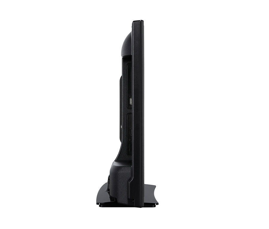Seitenansicht eines schwarzen Lenco 24"-HD-LED-Fernsehers mit DVD-Player.
