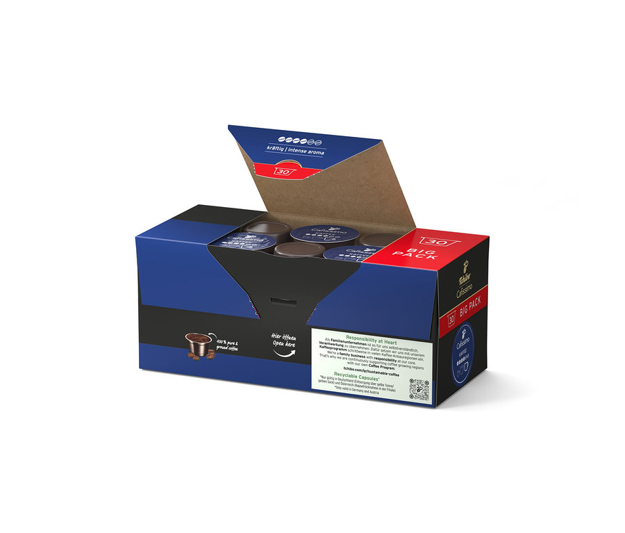 Geöffnete Packung Cafissimo Kaffee kräftig - 120 Kapseln.