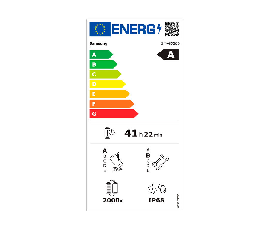 Samsung Energielabel mit A-Klasse, 41 h 22 min Verbrauch, 2000x und IP68 Schutz.