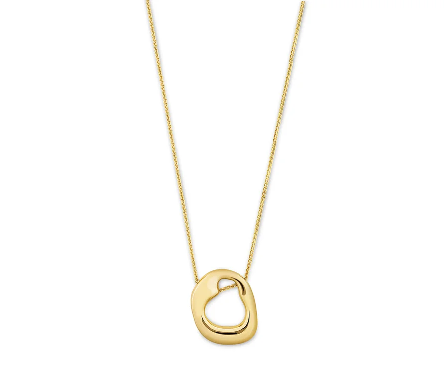 Nahaufnahme einer goldenen Halskette mit einem abstrakten, tropfenförmigen Anhänger an einer feinen Kette.