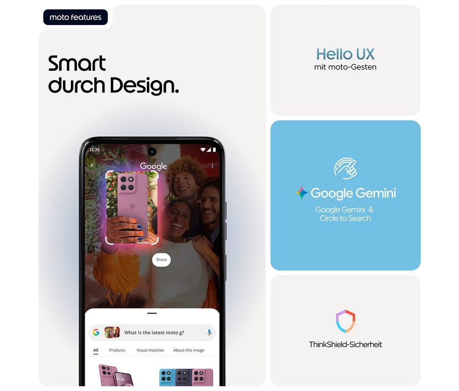 Auf dem Display ist eine Person zu sehen, die mit einem Motorola moto g17 LTE 128GB in Alaskan Blue ein Foto von drei Personen macht.