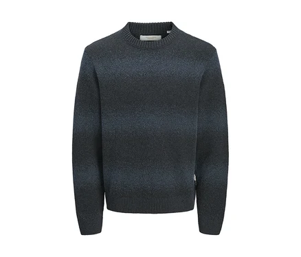 Dunkelblauer und grauer Pullover mit Farbverlauf, Rundhalsausschnitt sowie gerippten Bündchen und Saum.