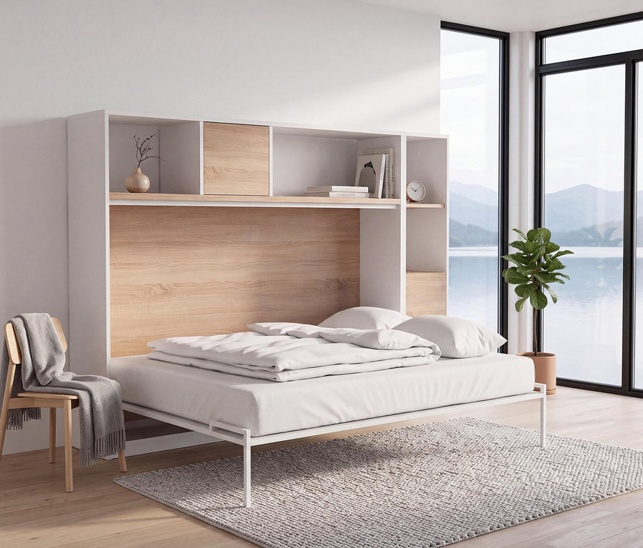 Ein modernes Zimmer mit einem ausgeklappten weißen Roba Wandklappbett »Verso« mit weißer Bettwäsche. Das Bett ist in eine weiße Wandmöbeleinheit mit Holzpaneelen integriert. Links steht ein Holzstuhl mit einer grauen Decke, rechts ein großes Fenster mit Blick auf einen See und Berge sowie eine Topfpflanze.