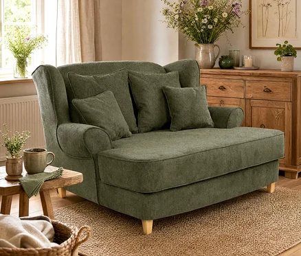 Ein olivgrüner Sessel mit Chaiselongue-Funktion und vier Kissen steht auf einem Jute-Teppich in einem gemütlichen Wohnzimmer. Daneben ein Holztisch mit Tasse und Servietten.