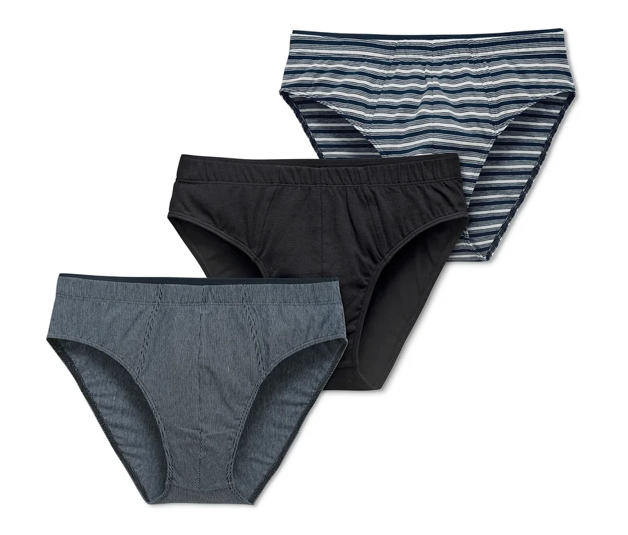 Drei Slips: einer blau gestreift, einer schwarz und einer grau gestreift.