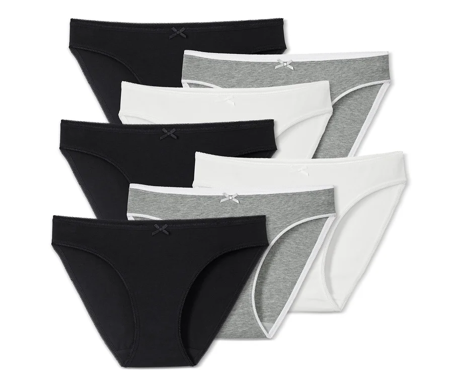Ein 7er-Pack Slips in Schwarz, Grau und Weiß.