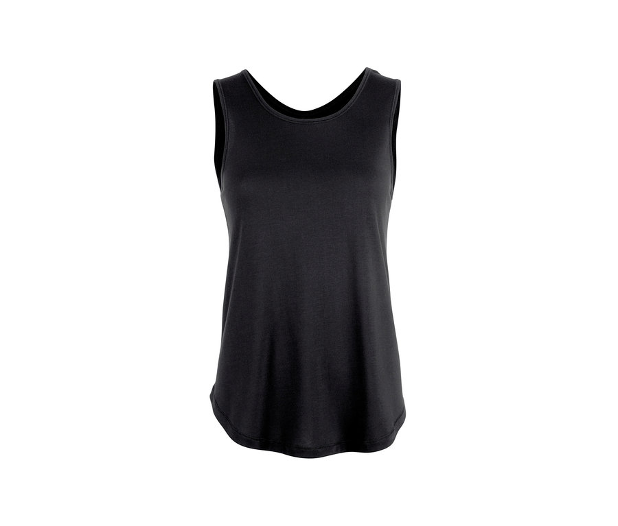 Schwarzes 2-in-1-Sporttop vor weißem Hintergrund.