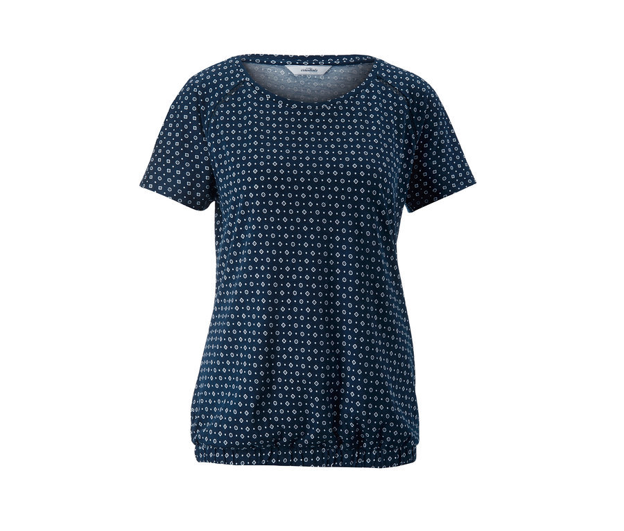 Marineblaues, kurzärmeliges Shirt mit weißen geometrischen Mustern.