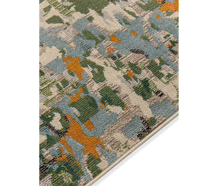 Teppich mit abstraktem, pixeligem Muster in Beige, Hellblau, Dunkelgrün und Orange.