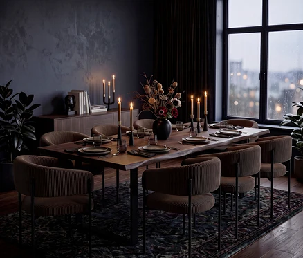 Dunkles, elegantes Esszimmer mit einem langen Holztisch, umgeben von acht braunen Stühlen, gedeckt mit Geschirr und brennenden Kerzen. Ein Fenster zeigt eine regnerische Stadtansicht.