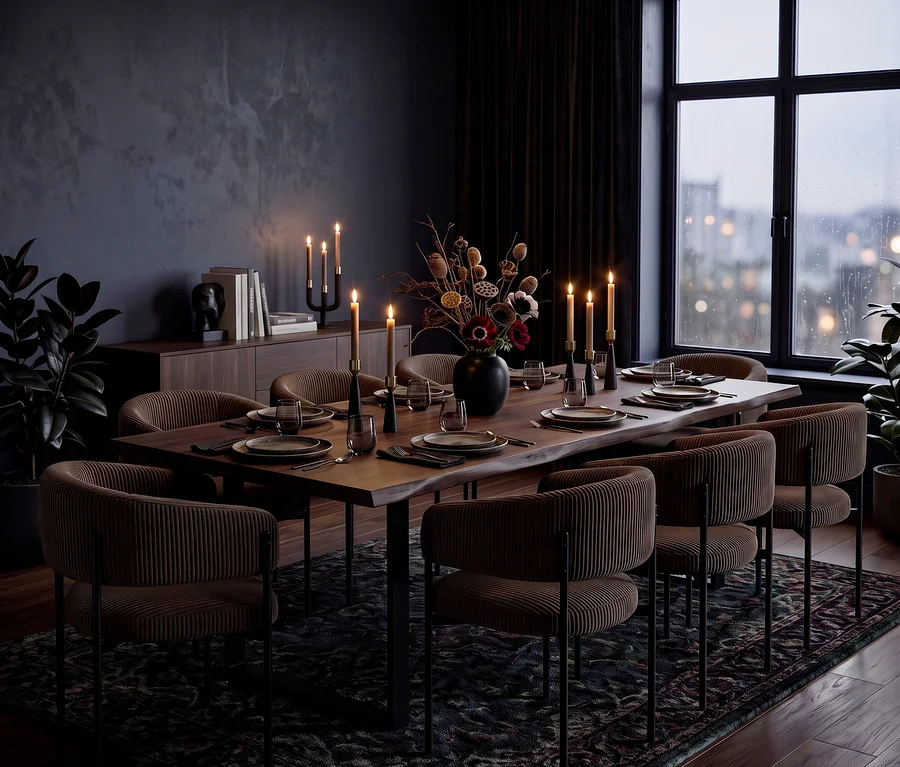 Dunkles, elegantes Esszimmer mit einem langen Holztisch, umgeben von acht braunen Stühlen, gedeckt mit Geschirr und brennenden Kerzen. Ein Fenster zeigt eine regnerische Stadtansicht.