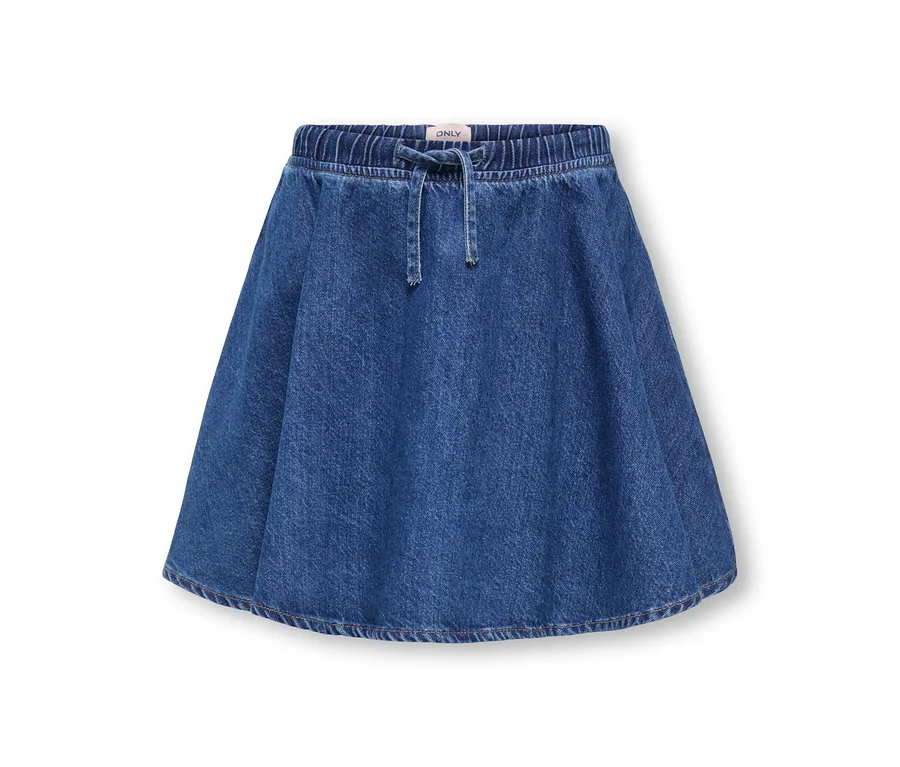 Blauer Jeansrock mit elastischem Bund und Kordelzug vorne.