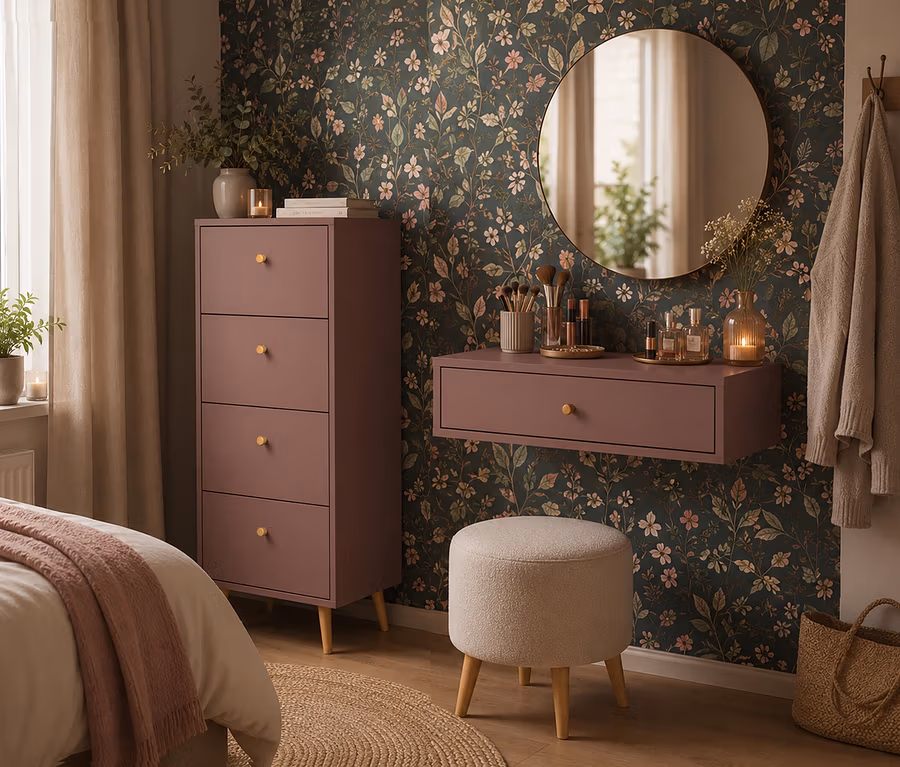 Mauve Kommode »Bjarne« mit 4 Schubladen und passendem Hängekonsolentisch »Bjarne« unter einem runden Spiegel an einer floralen Tapetenwand. Ein heller Hocker steht davor.
