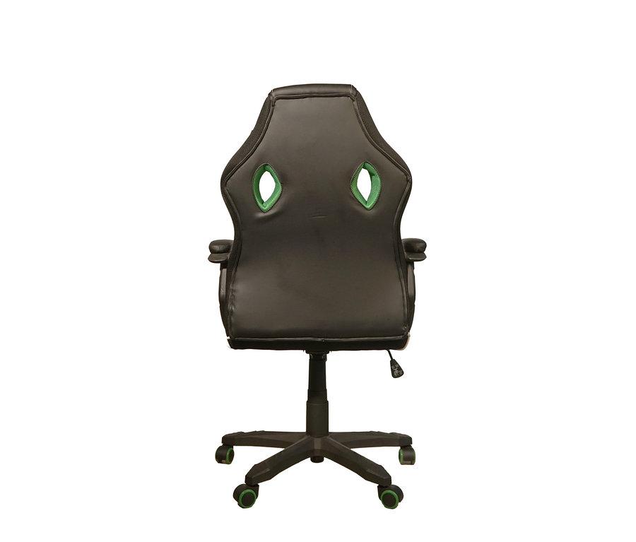 Rückansicht eines schwarzen Gaming-Stuhls mit grünen Akzenten.