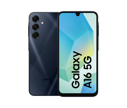 Das blaue Samsung Galaxy A16 5G 128GB wird von vorn und von hinten gezeigt.