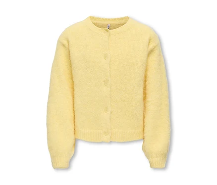 Hellgelbe flauschige Strickjacke mit Rundhalsausschnitt, langen Ärmeln und drei Knöpfen vorne.