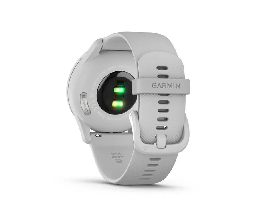 Detailansicht der Rückseite einer hellgrauen GARMIN vivomove Trend.