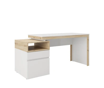 Weißer Schreibtisch mit hellbraunem Holzrahmen und Schubladen.
