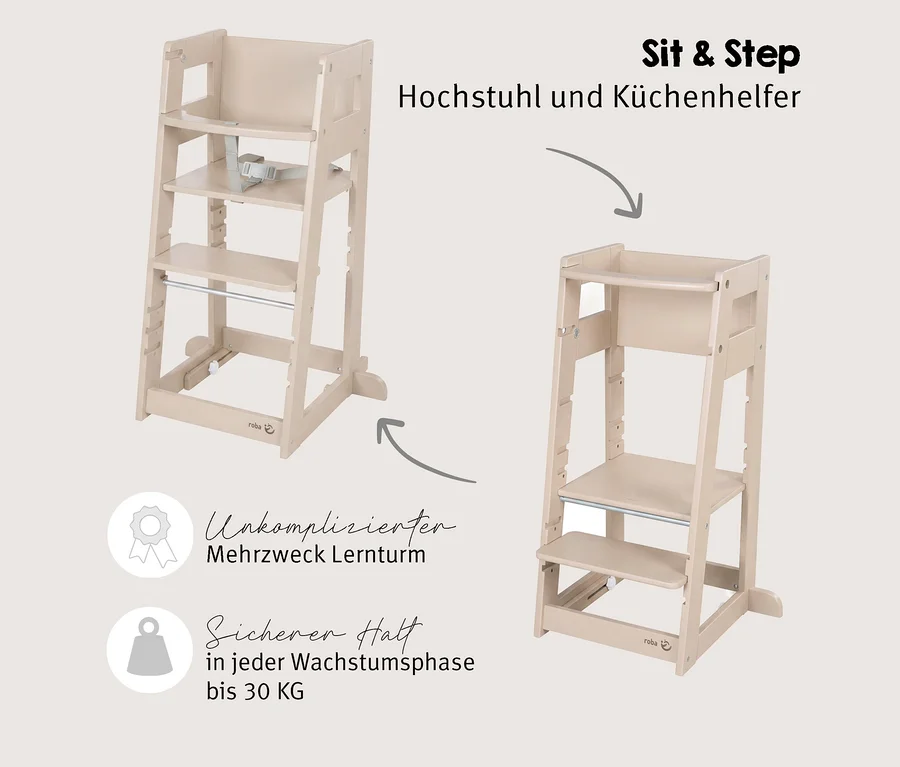 Zwei hellbraune Holzmöbelstücke: links ein Hochstuhl mit Gurt und Tablett, rechts ein Lernturm mit Stufen. Pfeile zeigen die Verwandlung.