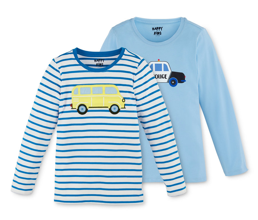 Zwei Langarmshirts: eines blau-weiß gestreift mit gelbem Bus, das andere hellblau mit Polizeiauto.