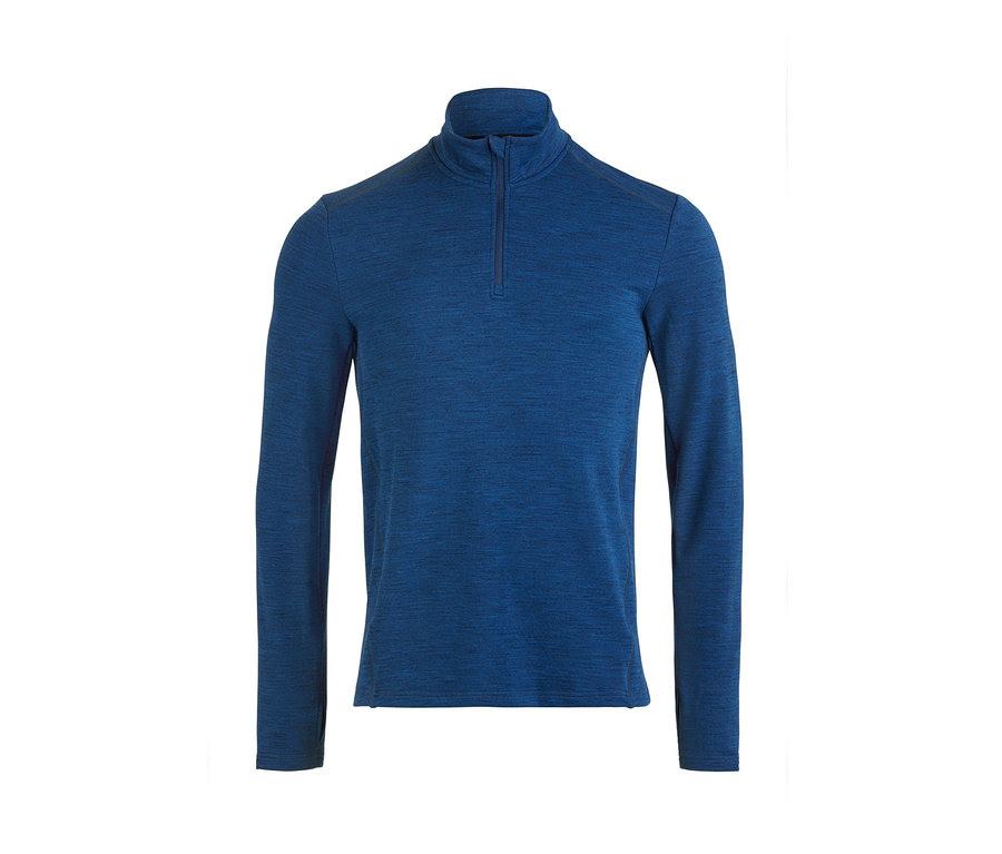 Blaues Sportshirt mit langen Ärmeln und kurzem Reißverschluss.