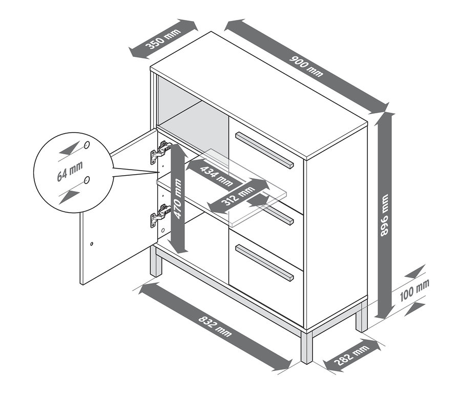Lineart zeigt die Abmessungen des weißen Badezimmer-Sideboards „Eklund“.