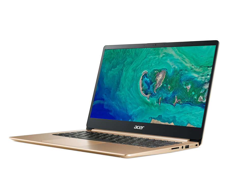 Ein goldfarbenes Acer-Swift-1-Notebook ist schräg abgebildet. Auf dem Bildschirm befindet sich ein abstraktes Hintergrundbild.