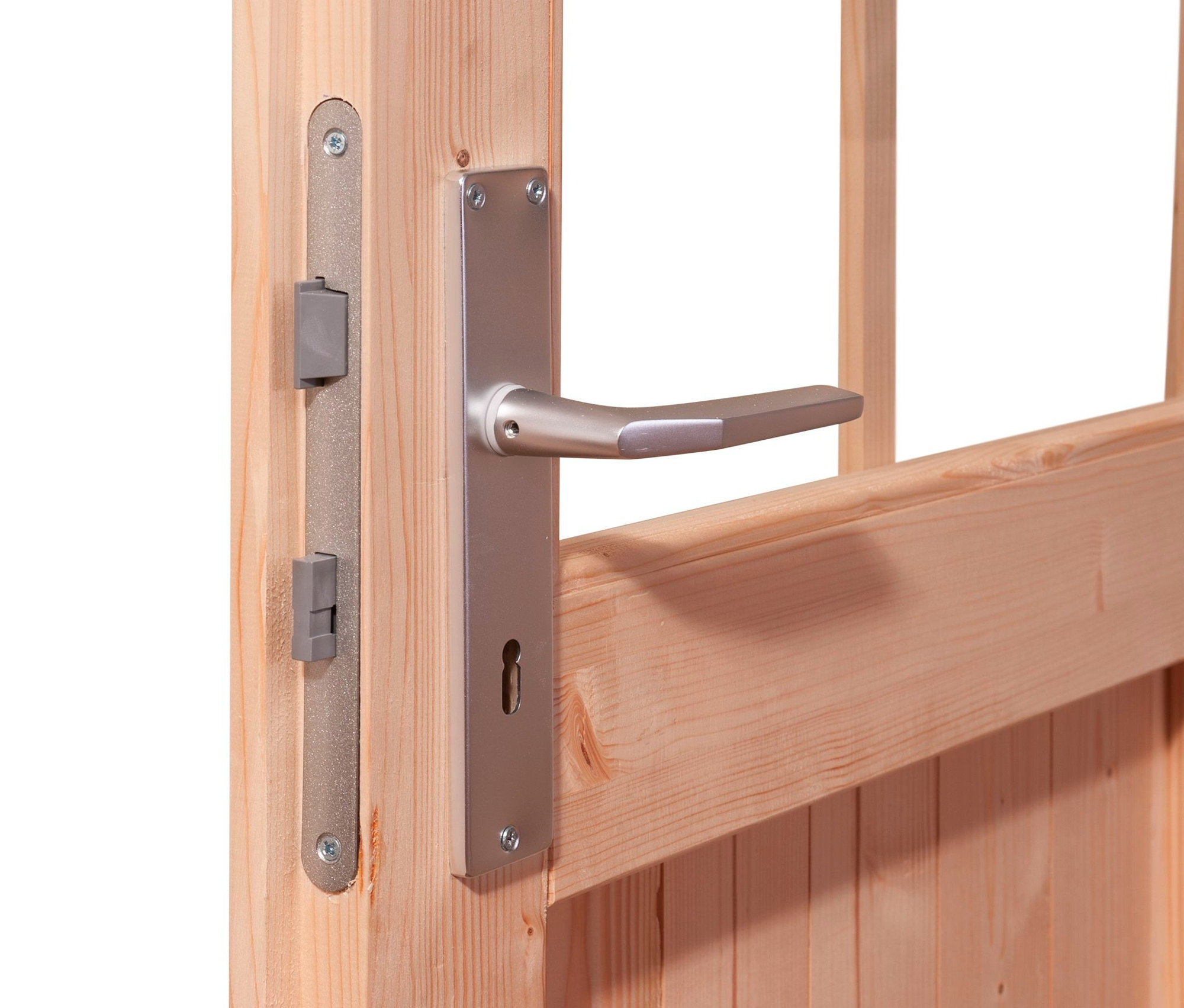 Detailansicht einer Holztür mit silbernem Türgriff und Schloss.