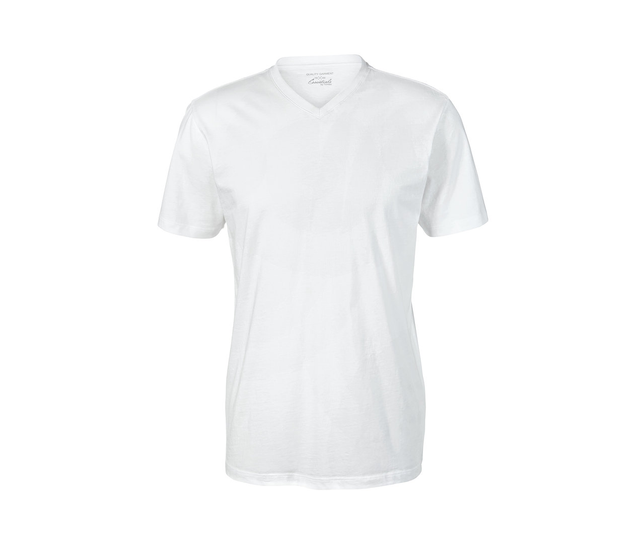 Ein weißes T-Shirt mit kurzen Ärmeln und V-Ausschnitt.