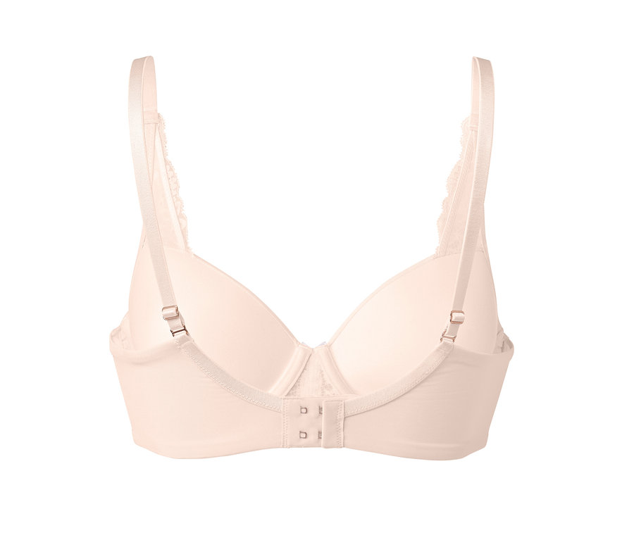 Detailaufnahme eines hautfarbenen Schalen-BHs mit Memory-Effekt von hinten.