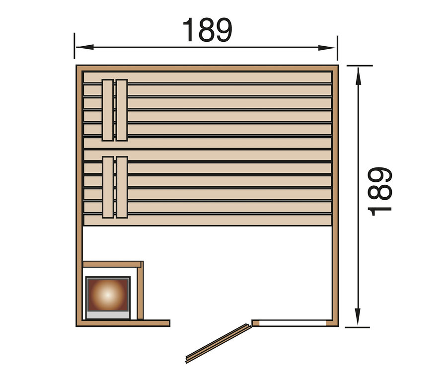 Draufsicht auf WEKA-Massivholz-Liegesauna mit Fronteinstieg, ca. 189 x 189 cm, inkl. 9 kW-Ofen.
