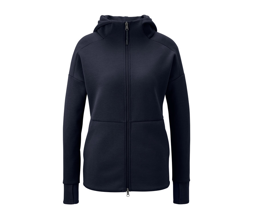 Dunkelblaue Funktionsjacke mit Kapuze und Reißverschluss in der Mitte.
