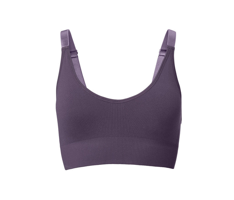 Ein lila Seamless-Sport-Bustier vor einem weißen Hintergrund.
