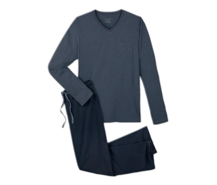 Blauer Pyjama mit langen Ärmeln und Hosen.
