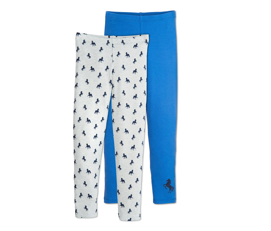 Zwei Leggings, eine hellgrau mit dunkelblauen Pferden, die andere blau.