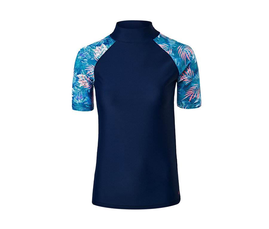 Dunkelblaues UV-Shirt mit Palmenmuster an den Ärmeln.