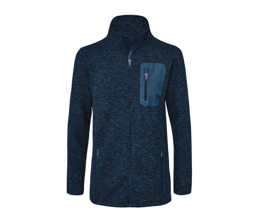 Dunkelblaue Strickfleecejacke mit Reißverschluss und Taschen.
